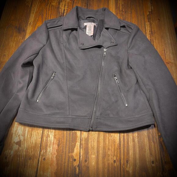 Philosophy Gray Faux Suede Moto Jacket Women’s Medium Zip Front - Picture 1 of 5